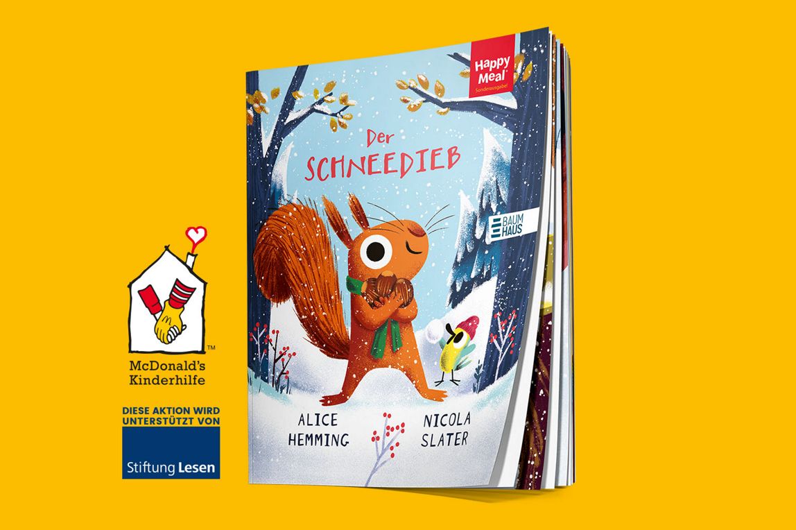 Deckblatt von Kinderbuch mit abgebildetem Eichhörnchen: „Der Schneedieb" auf gelbem Hintergrund.