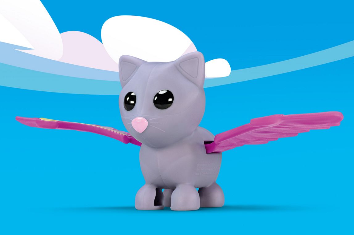 Eine lilafarbene fliegende Katze-Figur mit rosafarbenen, stilisierten Flügeln.