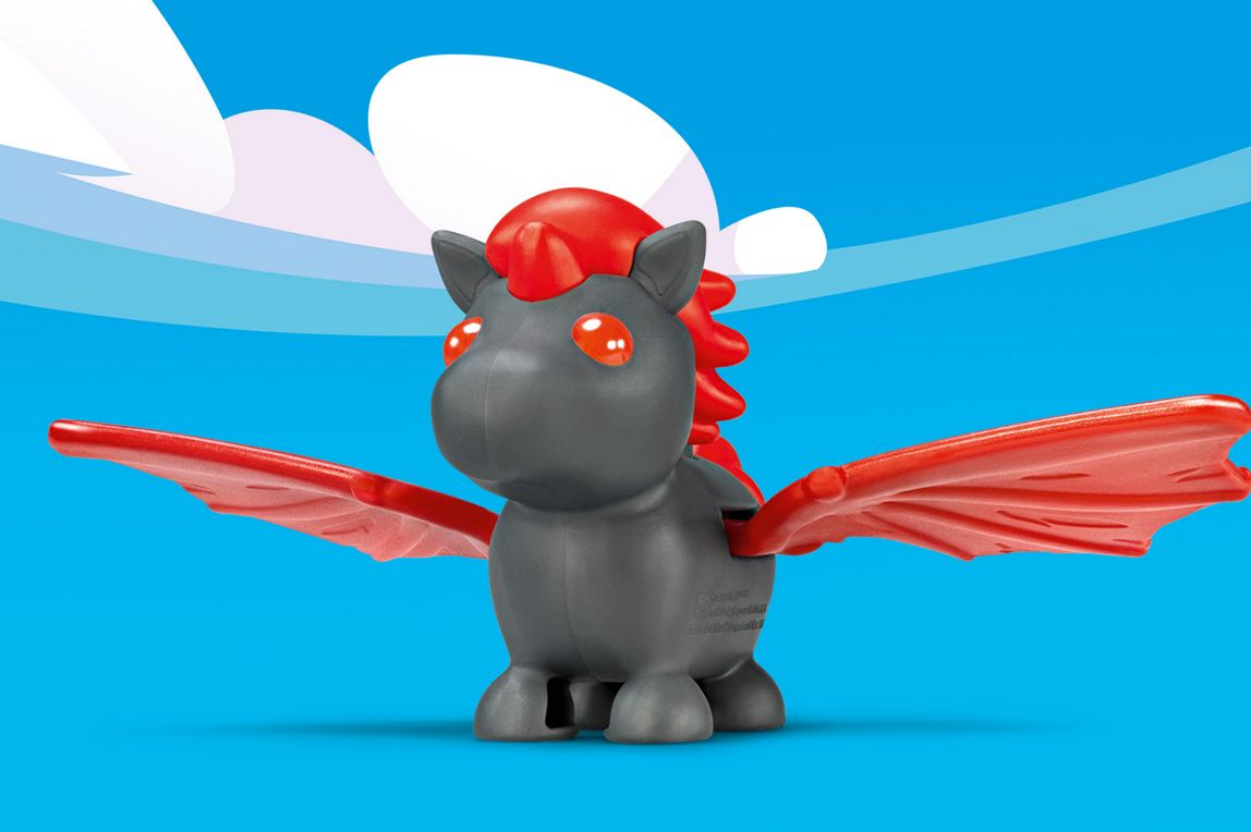 Eine dunkelgraue fliegende Einhorn-Figur mit roter Mähne, rotem Horn und roten Fledermausflügeln.