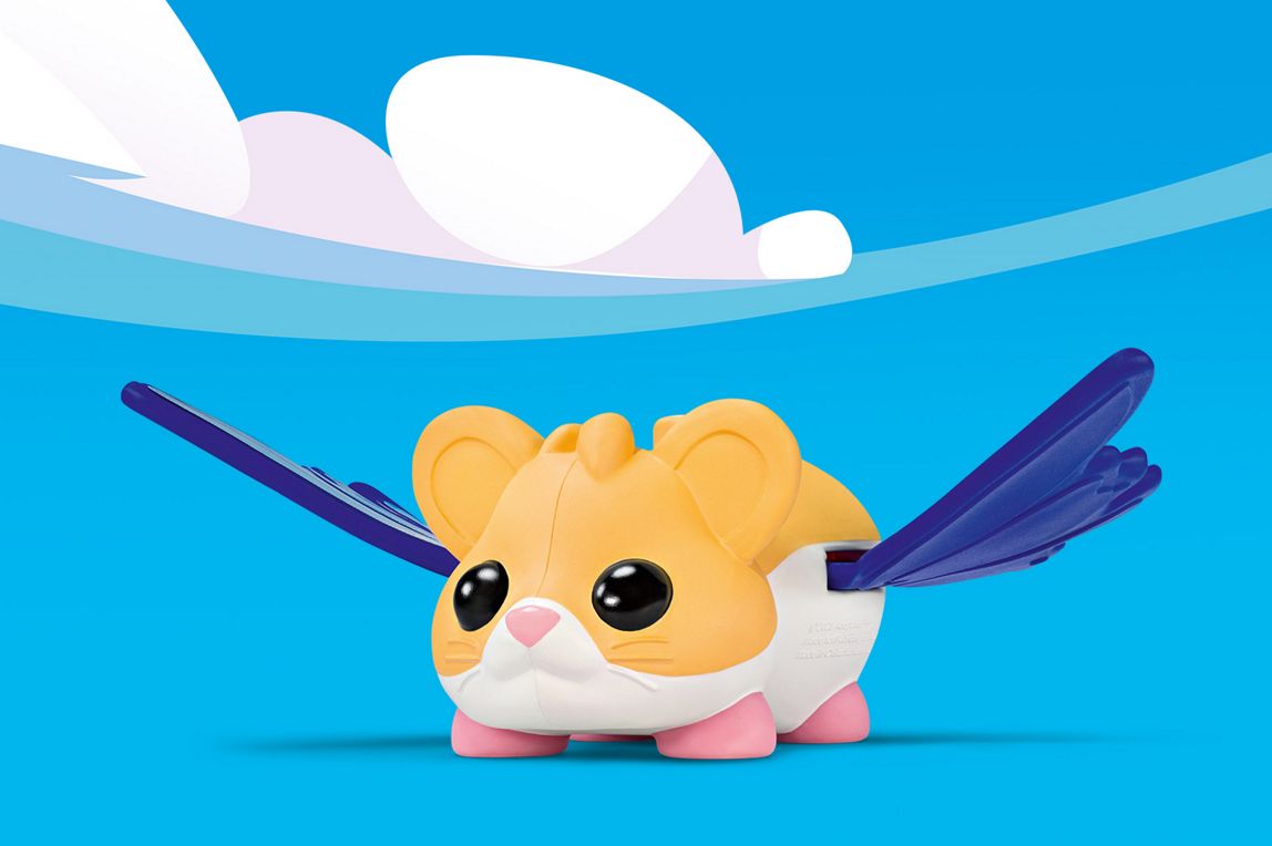 Eine orange-braune fliegende Hamster-Figur mit weißem Bauch und dunkelblauen, stilisierten Flügeln.