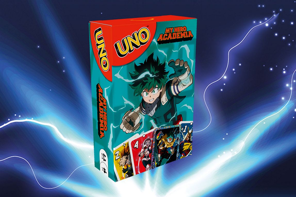 UNO My Hero Academia Kartenspielverpackung mit Anime Charakter Izuku Midoriya auf türkisfarbenem Hintergrund und Logo.