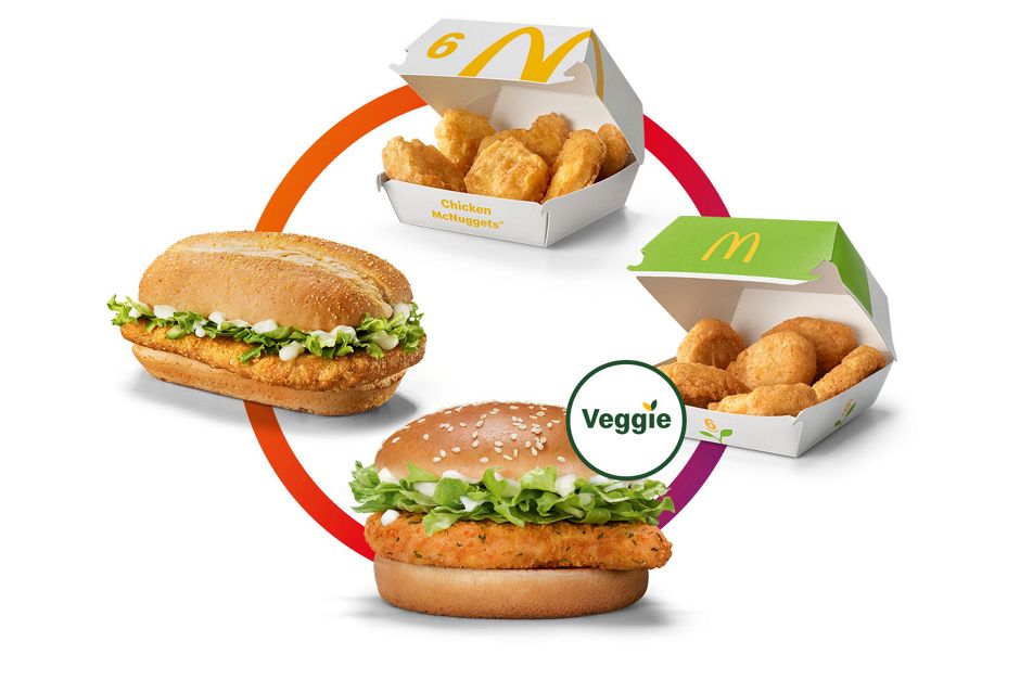 Abgebildet sind 6 Chicken McNuggets®, 6 McPlant® Nuggets, McVeggie®, und McChicken® Classic
