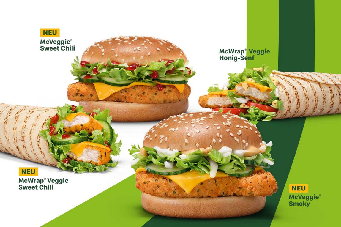 Vegetarische Produktauswahl mit dem McVeggie® Smoky Burger, dem McVeggie® Sweet Chili, sowie McWrap® Veggie Sweet Chili und Honig-Senf.