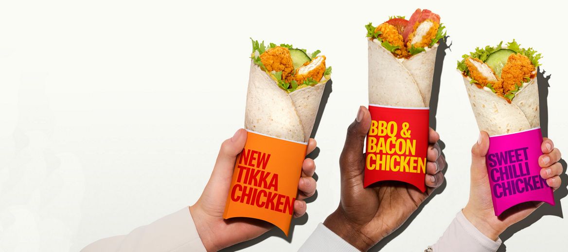 Three images of three different wraps against different coloured backgrounds. 