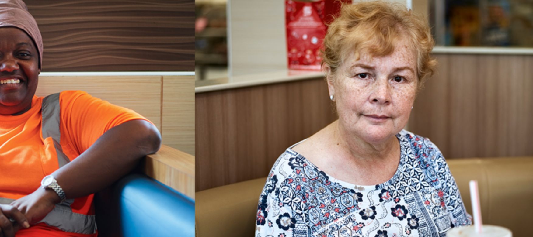 Smiling woman sitting at corner of McDonald's booth and a red-haired grandmother sitting at McDonald's