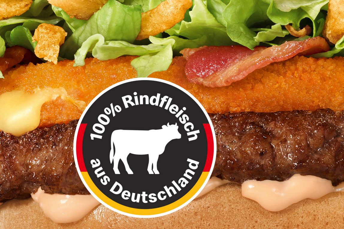 Nahaufnahme eines Burgers der Big Eat Kampagne mit dem Störer "100 % Rindfleisch aus Deutschland"