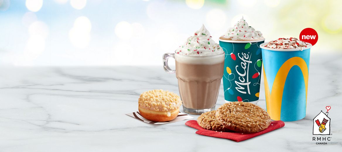 McCafé Crème Brûlée Li’L Donut, Peppermint Mocha, Peppermint Hot Chocolate,  Festive Ginger RMHC® Cookie, and the New Candy Cane Fudge McFlurry.