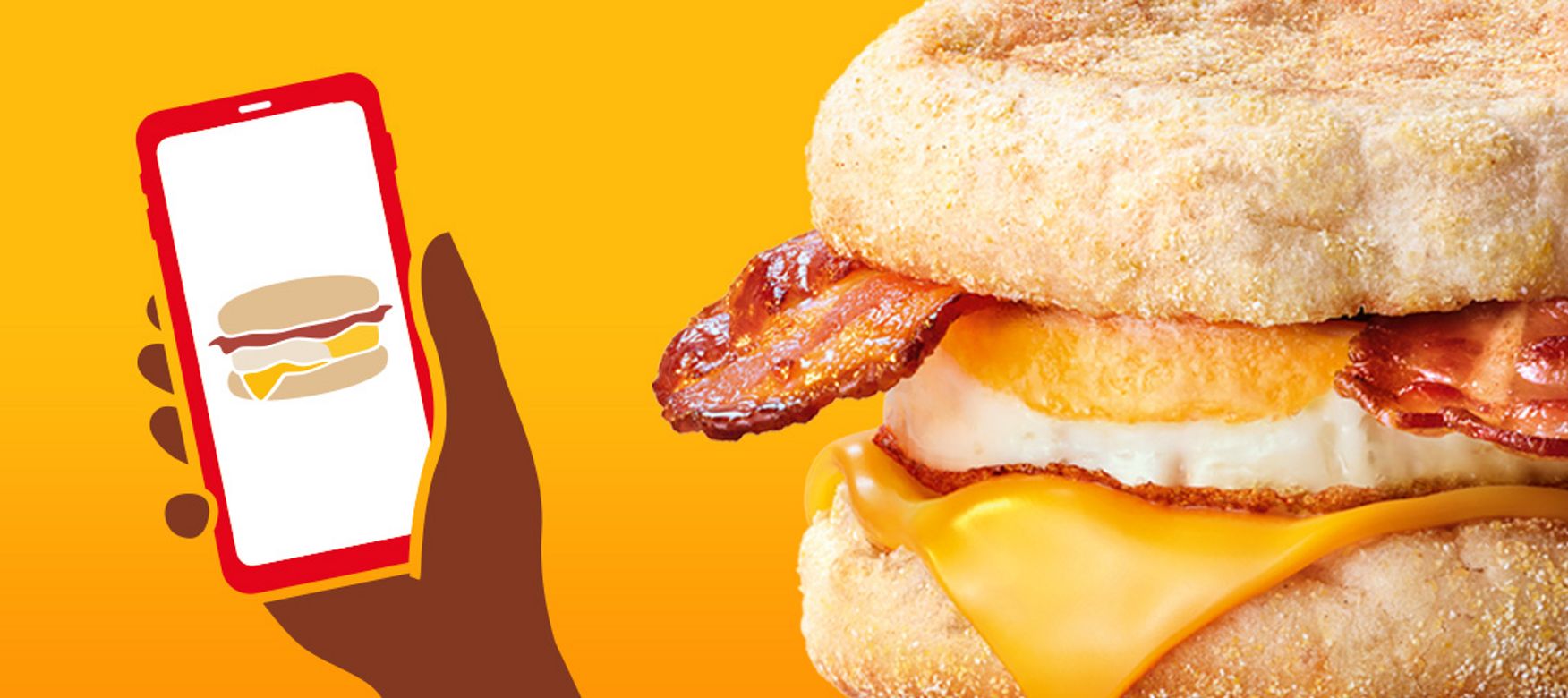 Das Bild zeigt die Illustration eines Smartphones mit der myMcDonald’s App und einen McMuffin® Bacon & Egg.