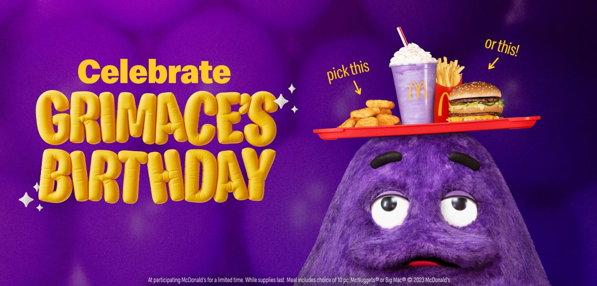 Grimace with his special meal tray and shake