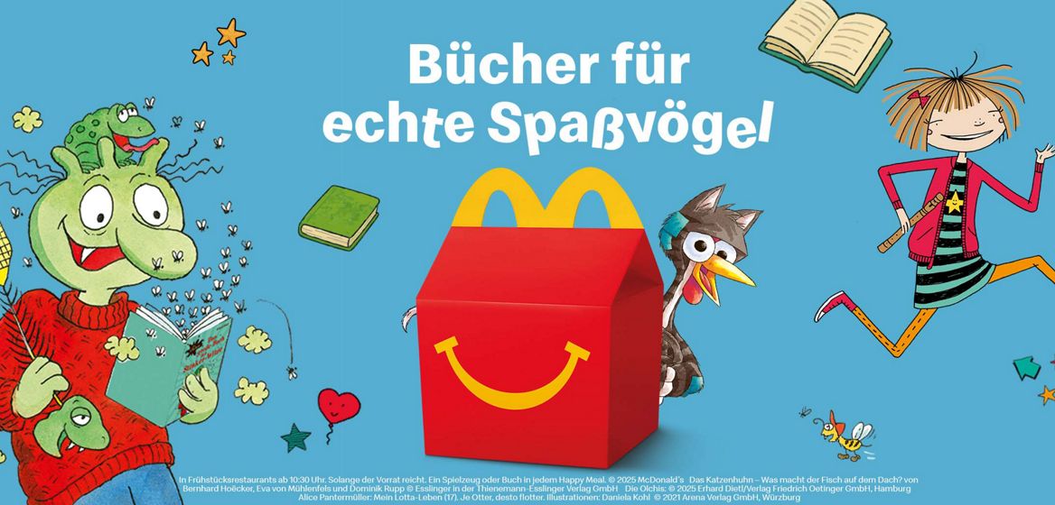 Bild mit fröhlichen Kreaturen, einer Happy Meal® Box und der Überschrift "Bücher für echte Spaßvögel"