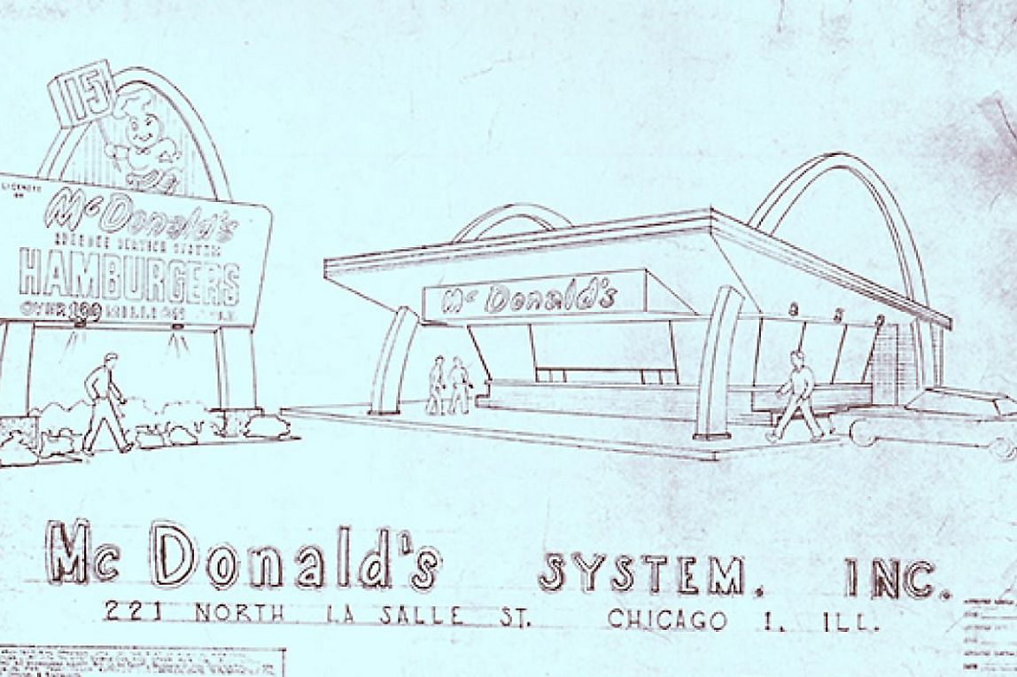Early blueprints for signature McDonald’s Red and White restaurant with Speedee road sign.