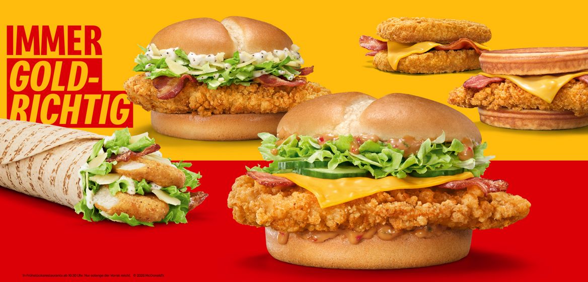 Die neuen Produkte der "Chicken for Every Moment" Kampagne: Chicken & Waffle, McCrispy® Korean Style, McWrap® Caesar Bacon, McCrispy® Caesar Bacon, Chicken Chicken Stack; unter dem Slogan "Immer goldrichtig".