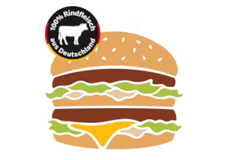 Piktogramm eines Big Mac mit dem Sticker 100 % Rindfleisch aus Deutschland