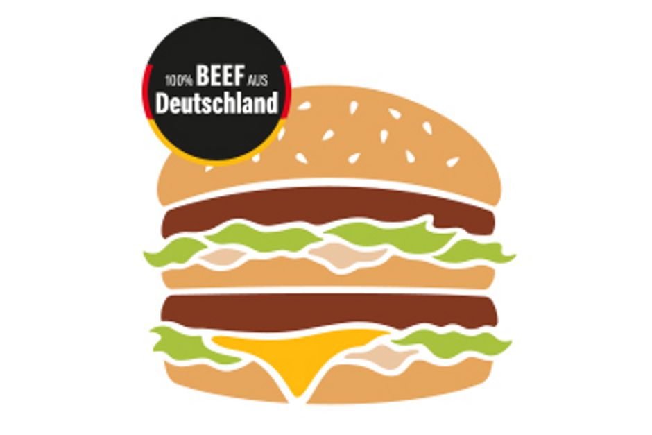 Piktogramm eines Big Mag mit dem Sticker 100 % Beef aus Deutschland