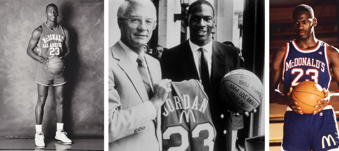 Michael Jordan poses with basketball and with Morgan Wootten at the 1981 McDonald’s All American Games 
