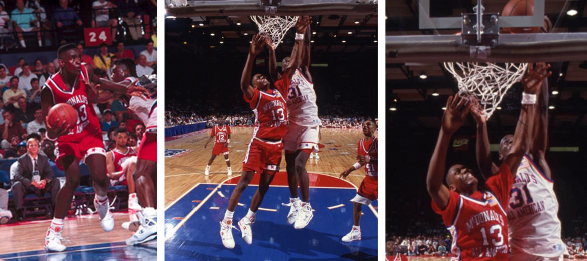 Glenn Robinson (13) plays offense and Doug Edwards defends the hoop (31), McDonald’s All American Games 1991