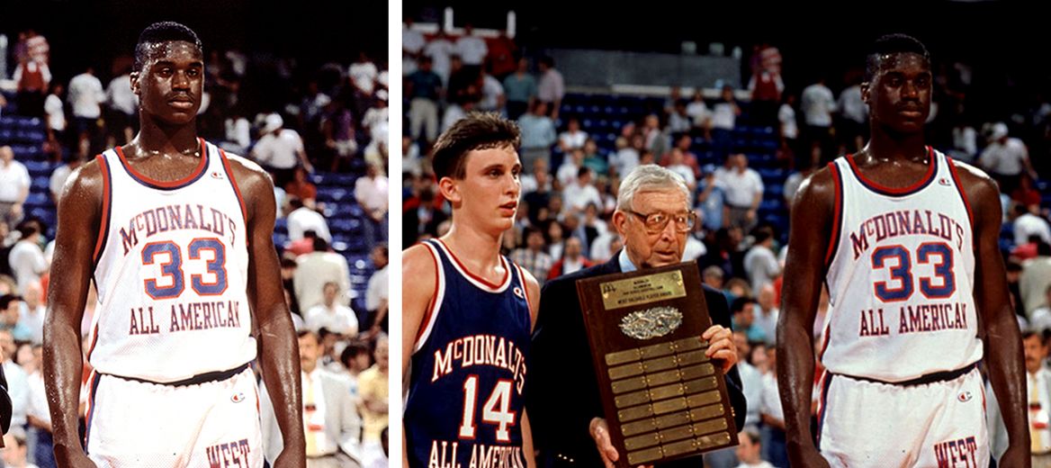 Shaquille O'Neal (left and far right), Bobby Hurley and John Wooden presents game plaque, McDonald’s All American Games 1989, Co-MVP Shaquille O'Neal accepting the MVP award at the 1989 McDonald’s All American Games