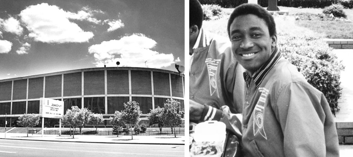 The Spectrum arena in Philadelphia; Isiah Thomas posing for a picture at lunch during his visit at the 1979 McDonald’s All American Games