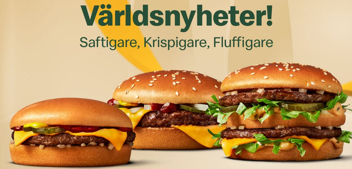 Bild på McDonald's tre klassiska burgare som uppdateras, Big Mac, Quarder Pounder Cheese och Cheeseburgare.
