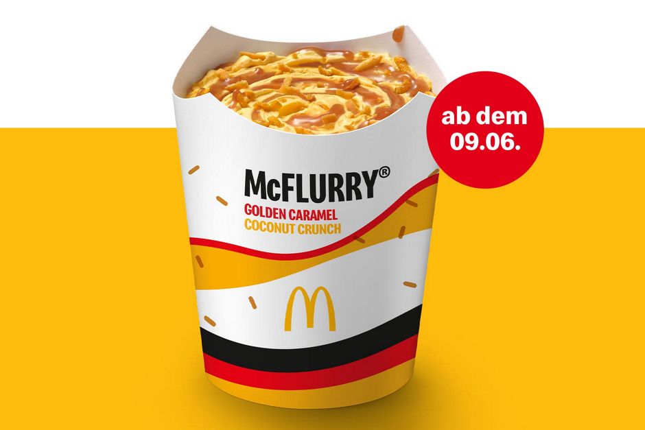 Abbildung McFlurry® Golden Caramel Coconut Crunch mit dem Hinweis "ab dem 09.06.".