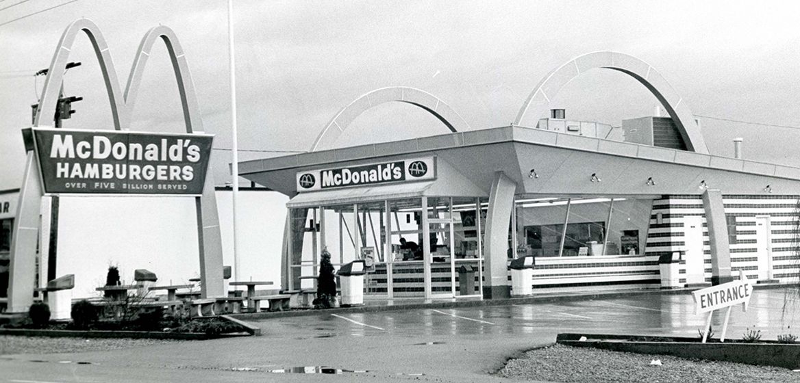The first McDonald's storefront and sign with arches