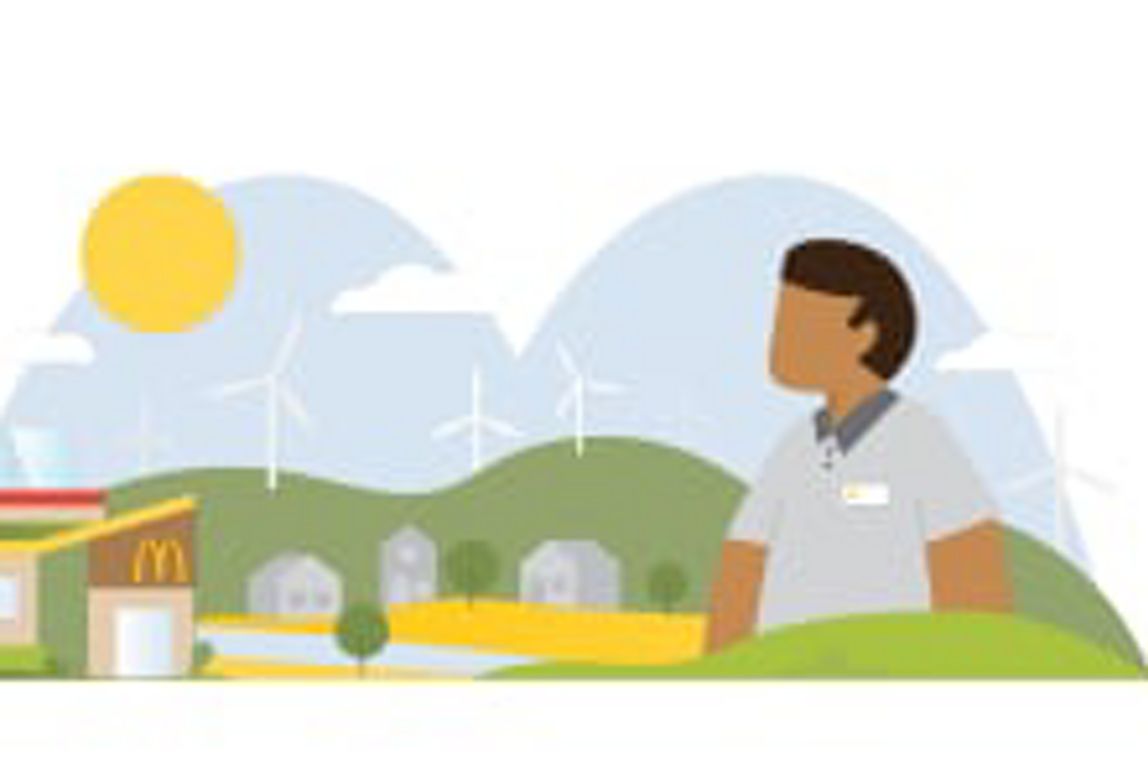 Illustration of a man in a McDonald's shirt in front of a landscape of rolling hills with wind turbines perched on top.