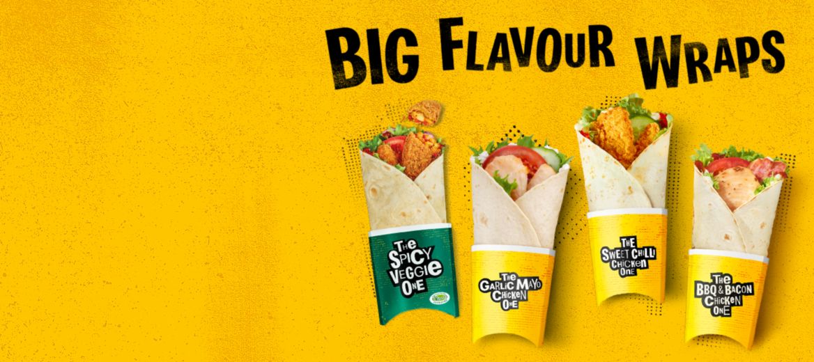 Big Flavour Wraps including The Spicy One, The Garlic Mayo One, The Sweet Chilli Chicken One and The BBQ & Bacon Chicken One