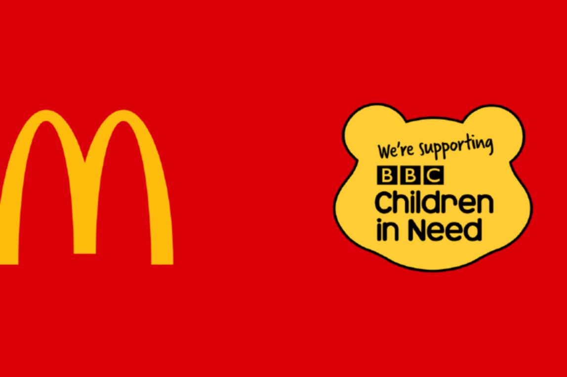 The McDonald's logo next to the Children in Need logo on a red background.