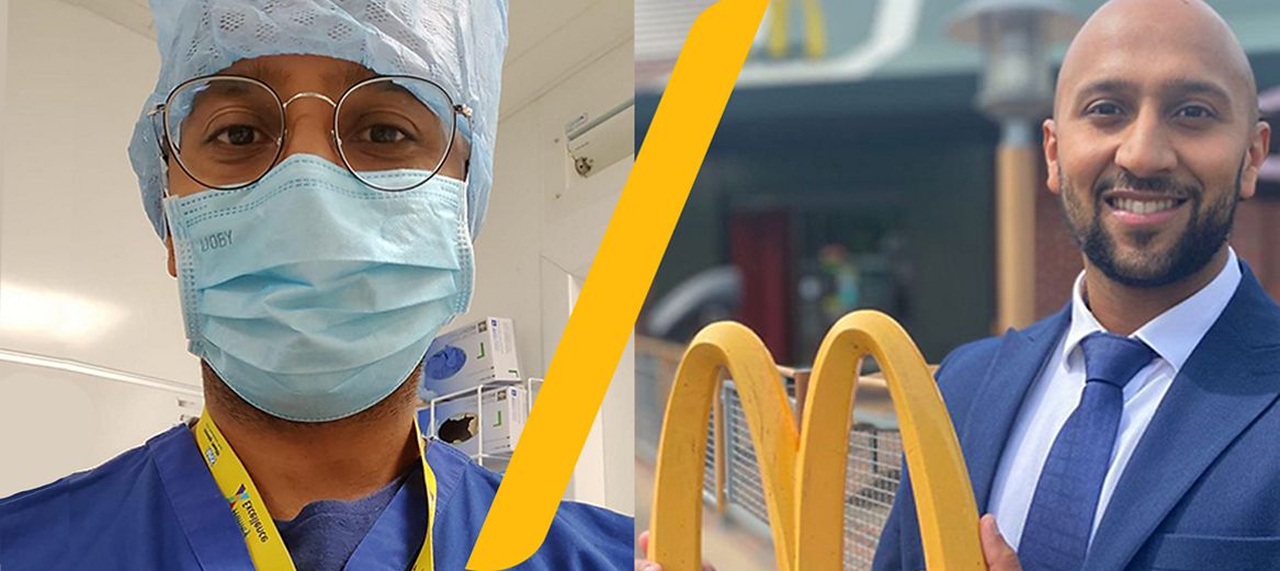 side by side photos of Chiraq posing as a pharmacist and also holding the golden arches
