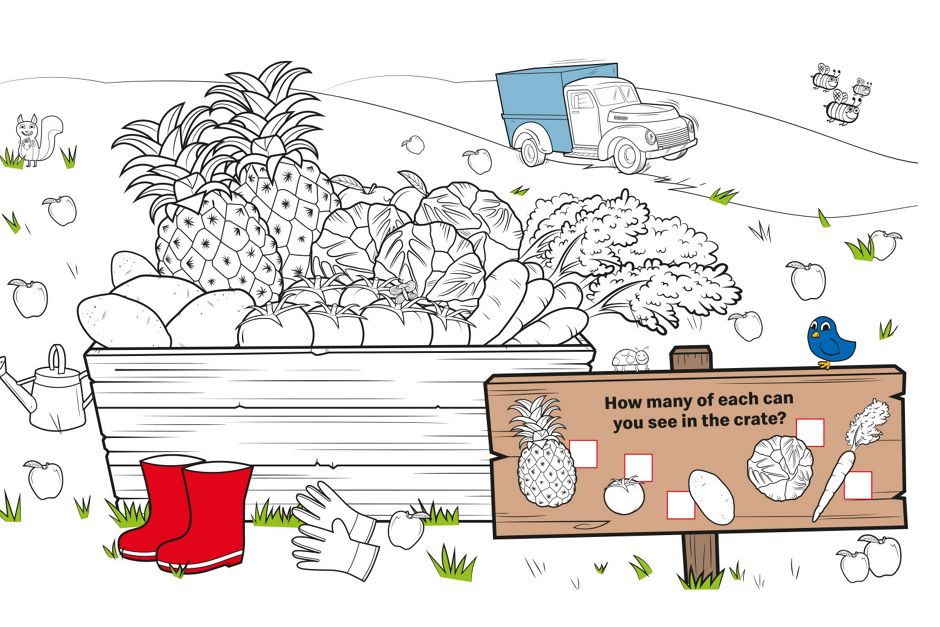 Help your child count up all the fruit and veg in this crate. How many different types of fruit and veg can they spot?