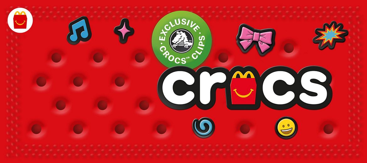 McDonald's and Crocs collaboration graphic on a red Crocs-inspired background with colourful Crocs charms.