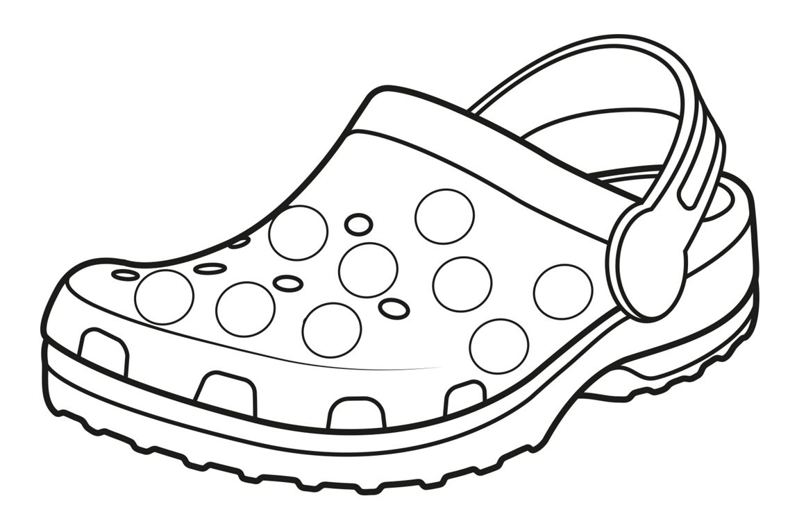 Black-and-white outline of a Crocs clog decorated with circular charm placeholders.