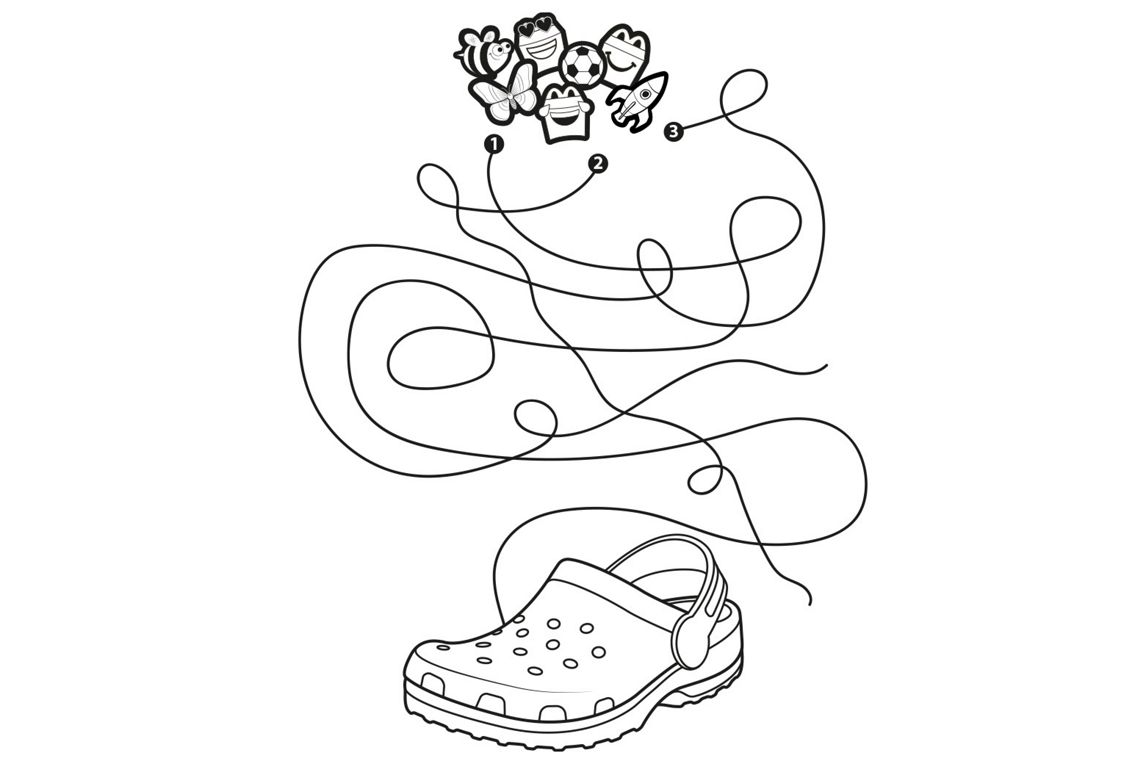 Black-and-white outline of a Crocs clog decorated with circular charm placeholders.