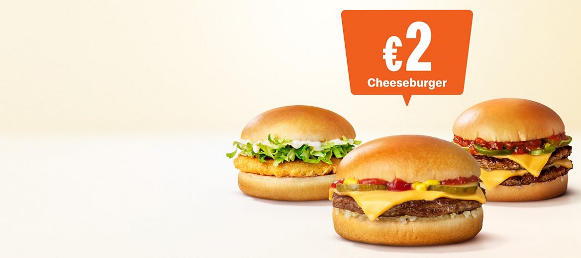 Three burgers on an off white background with the €2 price in a red box.