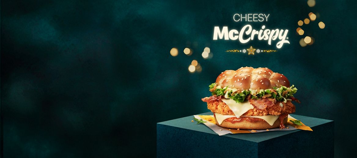 Cheesy McCrispy with a festive dark green background