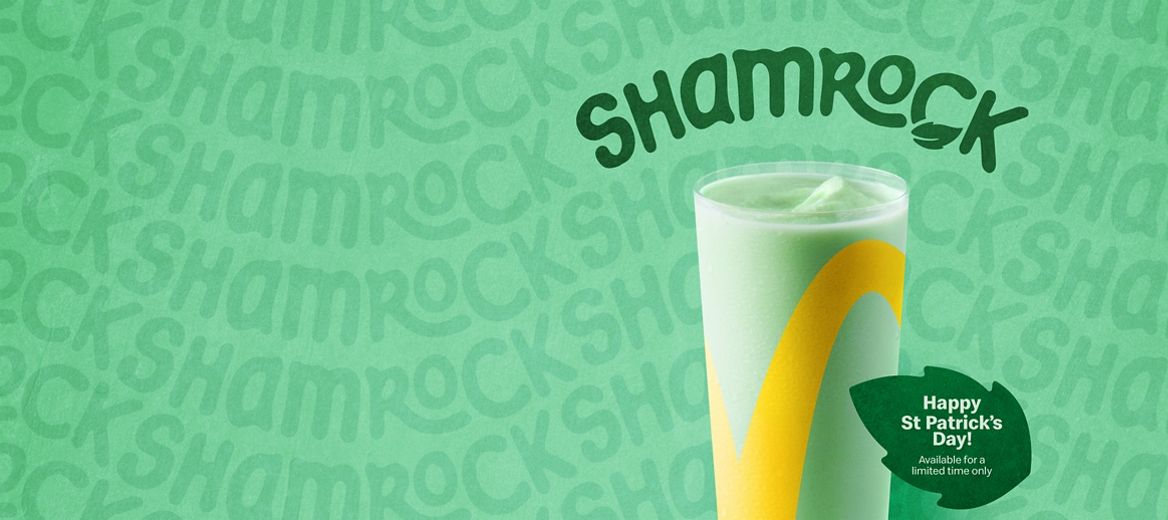 Shamrock Shake on a green background, with Shamrock copy written across the entire green background.