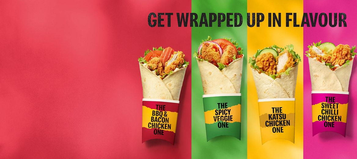 Four wraps on a multi-coloured background.