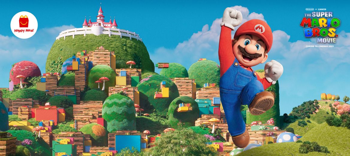 Super Mario on a Mushroom Kingdombackground.