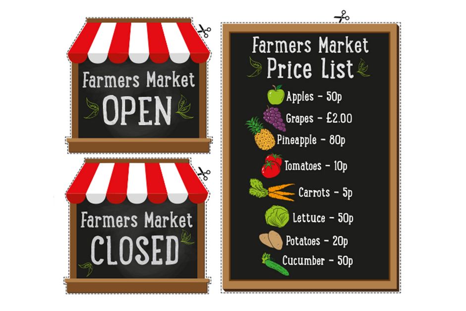 It’s market day and time for your child to open their very own stall. Help them cut out the signs and start selling!