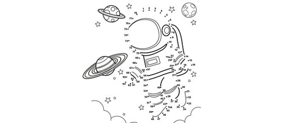 Galaxy planets surrounding the silhouette shape of a space man to play the dot-to-dot game in black on a white background