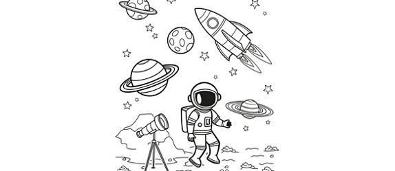 Galaxy planets surrounding a space man with a telescope in black on a white background