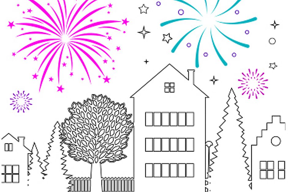 Fireworks above houses and trees.