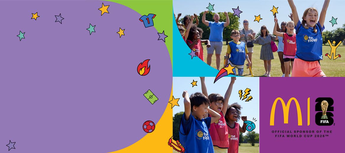 A child and a coach giving each other a high five, with a purple ribbon around their hands.