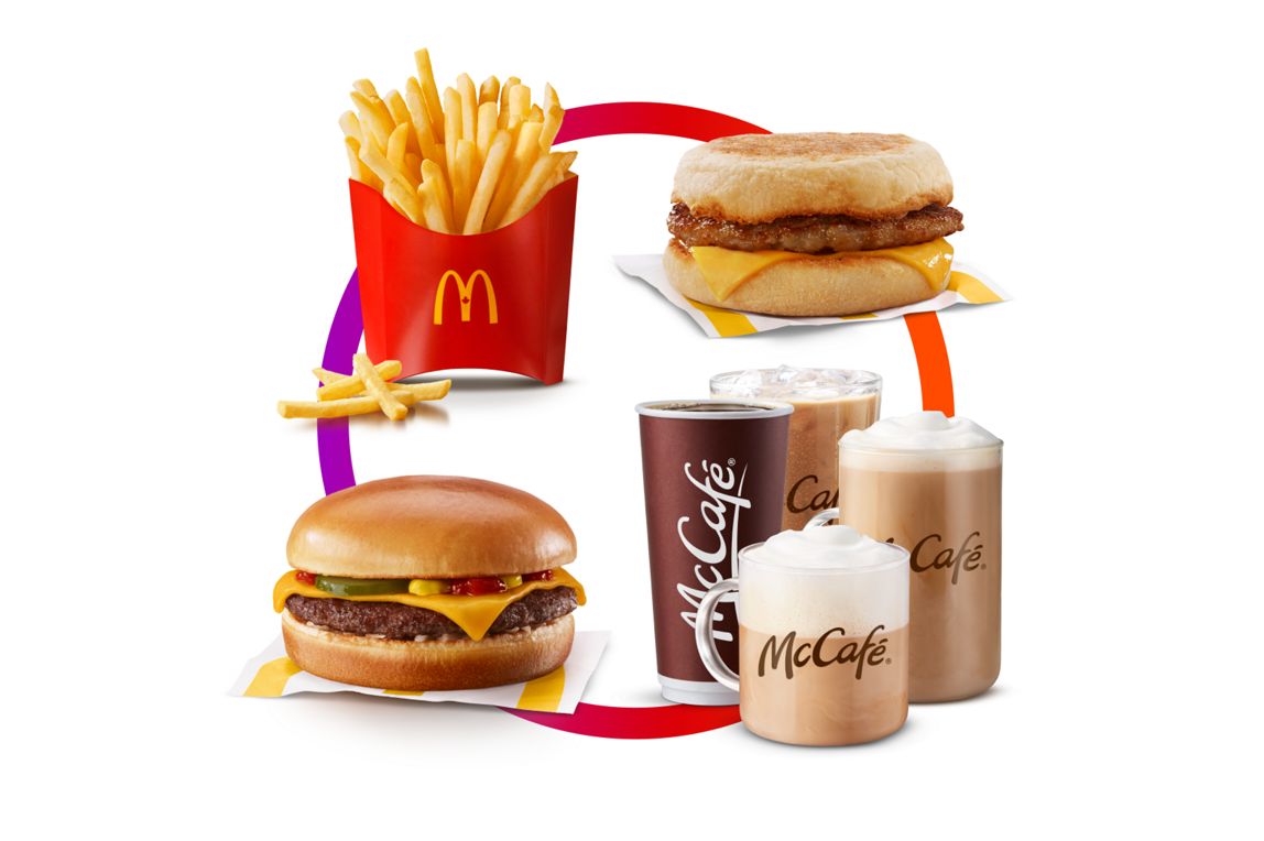 Un Hamburger avec fromage, une portion de frites, un sandwich Saucisse McMuffin® et un groupe de boissons comprenant un thé/café infusé, un café glacé, un Latte et un Cappuccino sont reliés par des lignes qui forment un cercle.