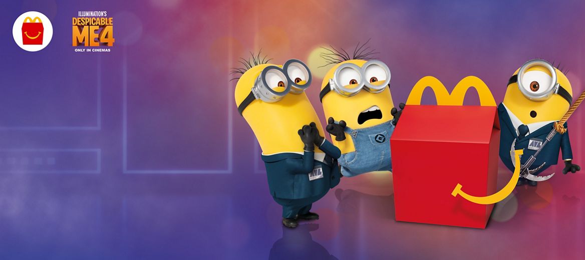 The Minion characters with a mixed purple background