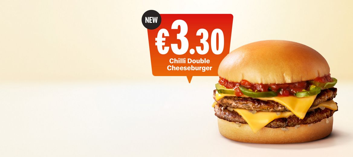 Chilli Double Cheeseburger on off white background with the €3.30 price in a red box.