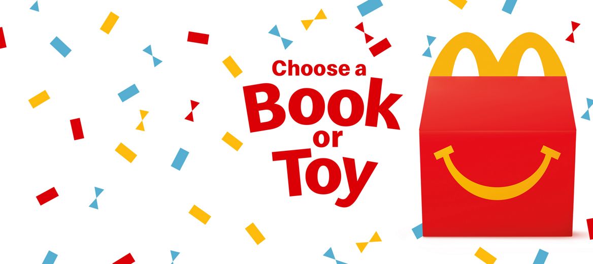 Choose a Book or Toy copy in red with the Happy Meal box and a confetti background