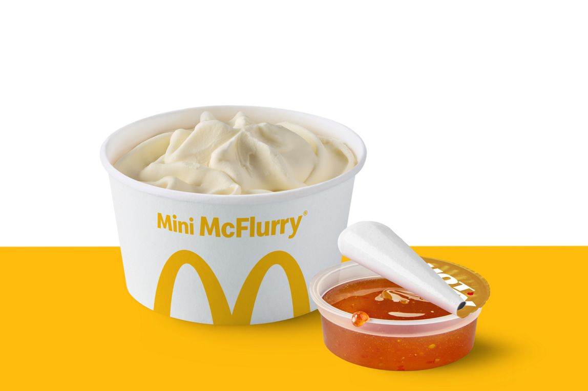 Mini vanilla soft serve McFlurry served with a pot of Hot Honey sauce.