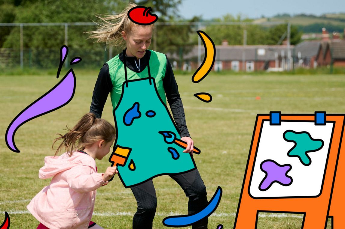 Keira Walsh and child playing football with illustrations of paint brushes and canvas.