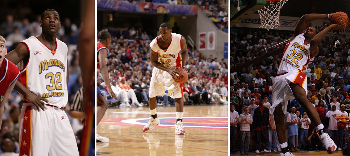 Lebron James, McDonald’s All American Games 2003, LeBron James playing offense against an opponent at the 2003 McDonald’s All American Games